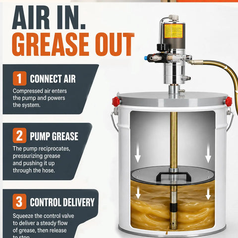 50 To 1 Air Operated Grease Pump Kit With 7500 PSI High Pressure Delivery for 120 lb drums showing connection and operation