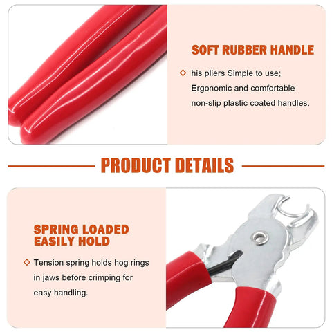 Close-up of Pro Hog Ring Plier with soft rubber handle from Three Eighth Inch Hog Ring Kit With One Thousand Galvanized Hog Rings, and Gloves