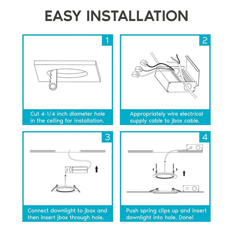Ultra Thin 4 Inch LED Recessed Light With Junction Box No Fuss Install, 10W Dimmable Wafer, CCT Color Selectable 2700K To 5000K, 750 Lumens, ETL Energy Star, IC Rated, 4 Pack