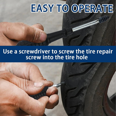 Using 60 Piece Tire Repair Kit With Heavy Duty Plugs And Screws Quick Fix Puncture For Tubeless Tires on a tire close-up