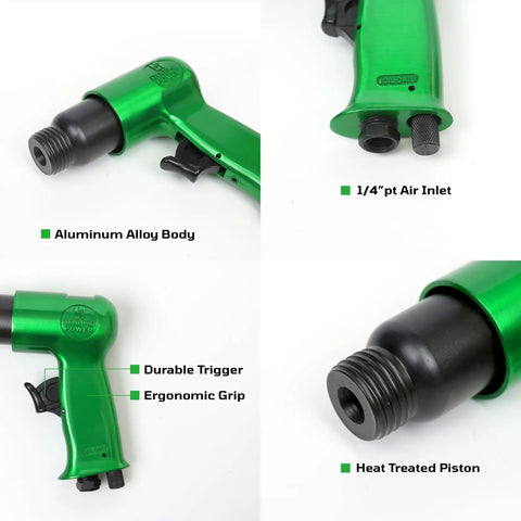 Short Barrel Air Hammer Kit With Four Chisels, One And Five Eighths Inch Stroke, 4500 BPM, 4 CFM at 90 PSI, ergonomic grip, alloy body