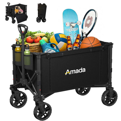 Heavy Duty Foldable Wagon Cart With Wheels, 120L Capacity, 220 Lbs Load, carrying sports gear and groceries with expandable storage.