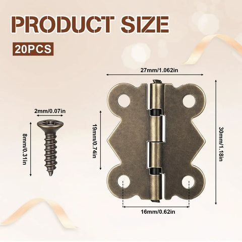 20 Pack 1.2-Inch Antique Cabinet Door Hinges With Screws Set For DIY Furniture Repair showing hinge dimensions and screw size.