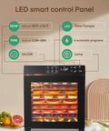 Pro Level Electric Food Dehydrator With Ten Roomy Stainless Trays For Big Batch Jerky And Crispy Fruit Snaps showing LED smart control panel and food.