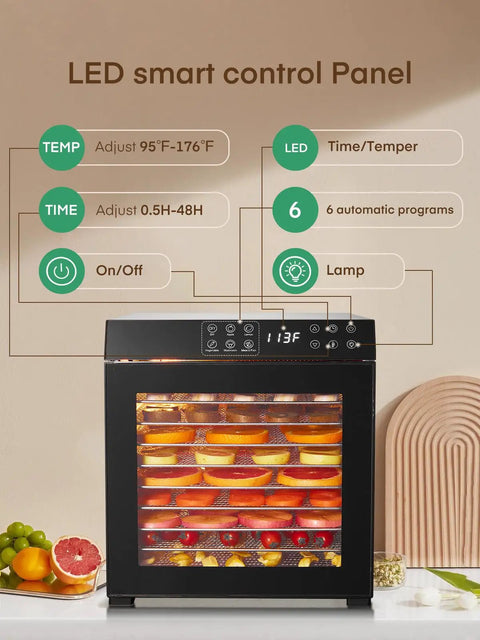 Pro Level Electric Food Dehydrator With Ten Roomy Stainless Trays For Big Batch Jerky And Crispy Fruit Snaps showing LED smart control panel and food.