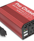 Red 400W Vehicle Power Inverter with 12V DC to 110V AC conversion, dual 110V sockets, 3.1A USB ports, peak 800W, front view.