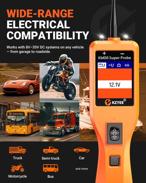 Essential Power Circuit Probe Kit For 8-35V Automotive Systems showing compatibility with cars, trucks, and motorcycles