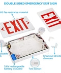 LED Exit Sign With Battery Backup And Emergency Lights, Dual Face, Red Letters, Two Adjustable LED Heads, White, Components Visible