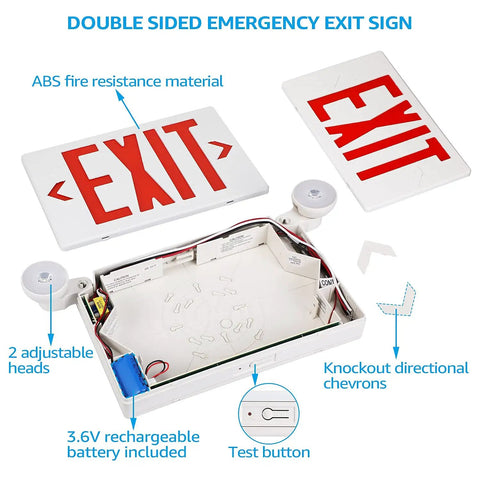 LED Exit Sign With Battery Backup And Emergency Lights, Dual Face, Red Letters, Two Adjustable LED Heads, White, Components Visible