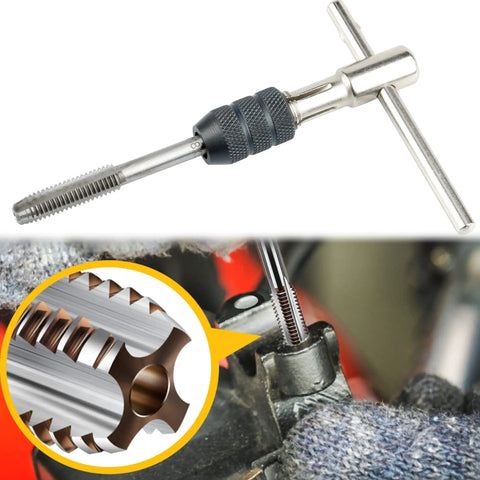 T Handle Tap Holder Wrench Set With Self Centering Hardened Jaws And Knurled Sleeve Includes 5 Metric Machine Screw Taps M3 M4 M5 M6 M8