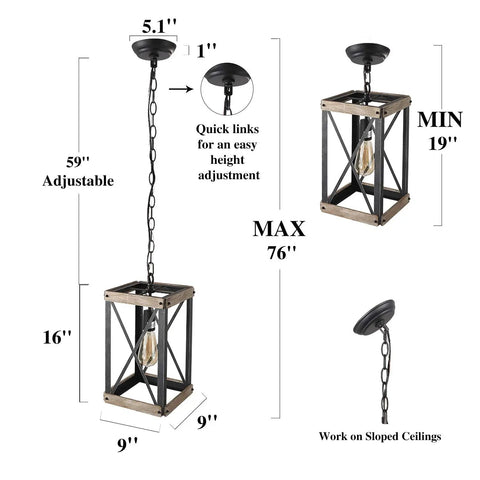 Farmhouse Pendant Light With Rustic Wood Cage And Matte Black Iron Frame Delivers A Dope Industrial Rectangular Chandelier Vibe For Kitchen Island Entryway Foyer Living Room And Dining Area Brown Finish, adjustable height shown in diagram