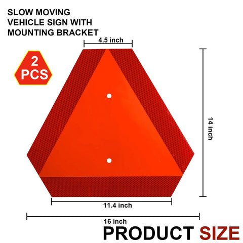 Two Pack Slow Moving Vehicle Signs With Mounting Brackets For Golf Carts Tractors And UTVs 14 By 16 Inch Diamond Grade Reflective
