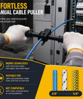 Hands holding Heavy Duty Manual Wire Tugger Fishing Tool For Electricians To Pull Mule Tape, Fish Tape, And Ropes With Easy Grip Ergonomic Design.