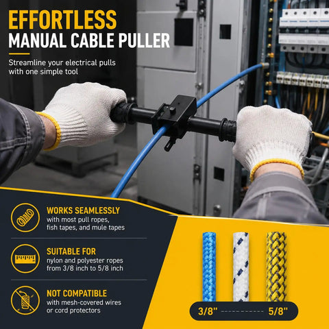 Hands holding Heavy Duty Manual Wire Tugger Fishing Tool For Electricians To Pull Mule Tape, Fish Tape, And Ropes With Easy Grip Ergonomic Design.