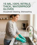 Badass 15 Mil Nitrile Chemical Resistant Gloves With Rock Solid Acid Alkali Solvent Shield And Snug Latex Free Feel For Real Daily Grind Automotive And Industrial Shop Work, teal waterproof gloves worn for dishwashing.