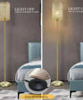 Gold Crystal Floor Lamp With On Off Foot Switch in living room setting, light on and off, tall standing lamp with luxe crystal shade