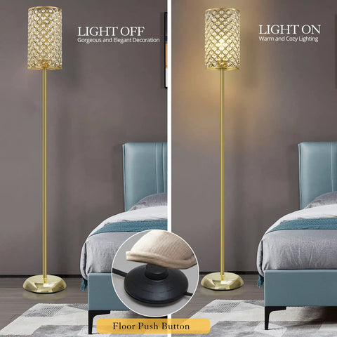 Gold Crystal Floor Lamp With On Off Foot Switch in living room setting, light on and off, tall standing lamp with luxe crystal shade