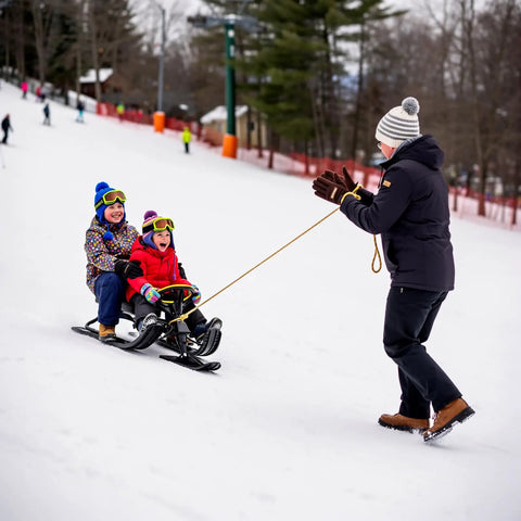 Adult pulling Go Kart Style Snow Sled with Steering Wheel and Brakes for Kids and Adults, 220 lb Capacity, Two PE Skis.