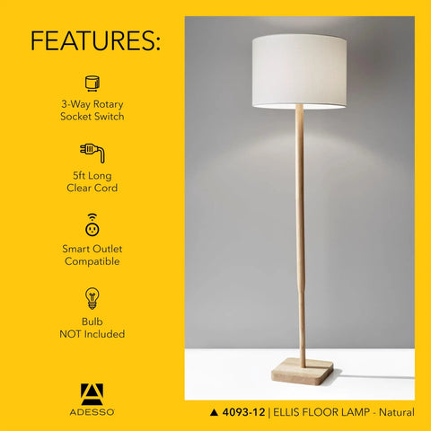 Ellis 21 Inch Table Lamp With Natural Rubber Wood And White Fabric Shade, 60W Incandescent Or 13W CFL, modern design shown