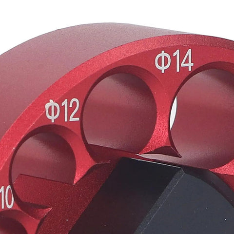 Eight Hole Adjustable Dowel Jig Kit For Woodworking, Pro Grade Dowel Cutter With Wrench, Aluminum Alloy Dowel Maker For Wood Rods And Milling Pins, Round Rod Jig For Precise Joinery And Easy Milling, red aluminum jig with 10, 12, 14 mm holes