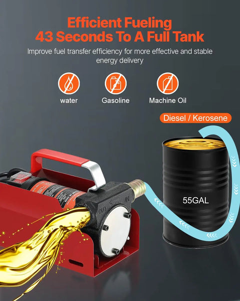 Diesel Fuel Transfer Pump Kit 12V 10 GPM with fast flow fueling a 55-gallon drum of diesel and kerosene efficiently