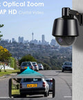 1080P Wireless Outdoor Security Camera With Night Vision And Auto Tracking Pan Tilt Zoom mounted with city view
