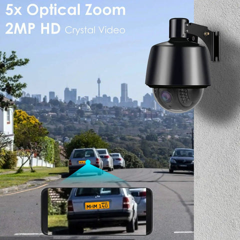 1080P Wireless Outdoor Security Camera With Night Vision And Auto Tracking Pan Tilt Zoom mounted with city view