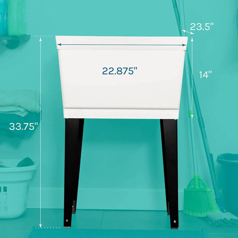 Front view of Heavy Duty 19 Gallon Thermoplastic Utility Sink With Adjustable Metal Legs showing dimensions, no faucet.