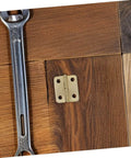 Close-up of a gold miniature iron hinge installed on a wooden surface next to a wrench, part of a 40Pcs Miniature Iron Cabinet Hinges kit.