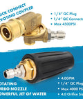 Front view of brass quick-connect pivoting coupler and side view of black rotating turbo nozzle for pressure washer