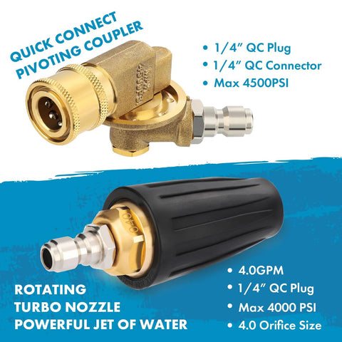 Front view of brass quick-connect pivoting coupler and side view of black rotating turbo nozzle for pressure washer