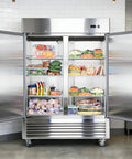54 Inch Wide Two Door Commercial Stainless Steel Freezer 42.2 Cu Ft with various food items displayed inside.