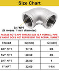 Size chart and image of Two Pack Three Quarter Inch NPT Female to Female 90 Degree Stainless Steel Pipe Elbow Fittings