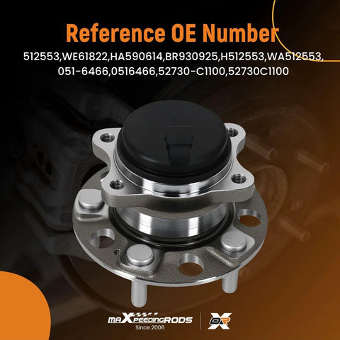 Front view of Rear Wheel Bearing And Hub Assembly With ABS Direct Fit For Hyundai Sonata 2016 To 2019 Tucson 2016 To 2021 Veloster N 2019 To 2021 Kia Optima 2016 To 2020 Sportage 2017 To 2020 Cadenza 2017 To 2020 With 5 Lug, showing metal construction and ABS feature.