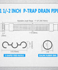 Diagram of Flexible 1-1/2 Inch Kitchen Sink Drain Pipe With P Trap And Adapter, dimensions and components shown.