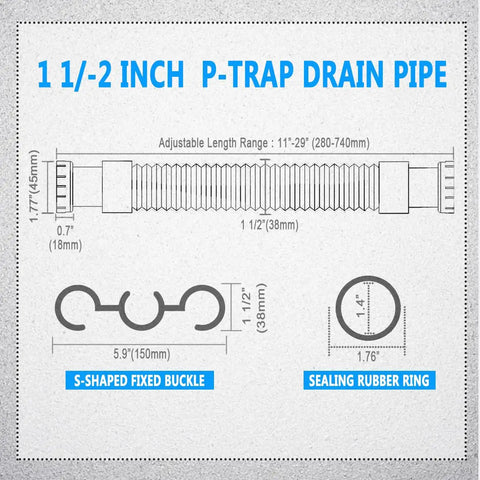 Diagram of Flexible 1-1/2 Inch Kitchen Sink Drain Pipe With P Trap And Adapter, dimensions and components shown.