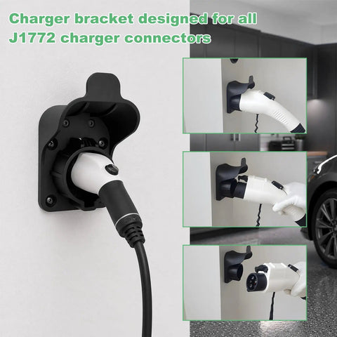 Tough As Nails Ev Charger Holder For SAE J1772 Plugs Wall Mount Hanger showing secure fit for J1772 charger connectors.