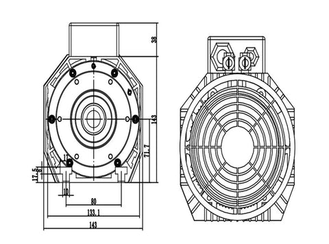 Technical drawing of Heavy Duty Air Cooled CNC Spindle Motor 9Kw with dimensions for woodworking applications.