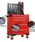 Rolling Tool Cabinet With Lock For Workshop And Garage, Five Drawer Garage Chest On Wheels For Mobile Tool Storage, Heavy Duty Organizer For Warehouse And Shop, Durable Cold Rolled Steel Body In Red with pegboard and casters