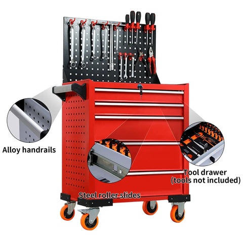 Rolling Tool Cabinet With Lock For Workshop And Garage, Five Drawer Garage Chest On Wheels For Mobile Tool Storage, Heavy Duty Organizer For Warehouse And Shop, Durable Cold Rolled Steel Body In Red with pegboard and casters