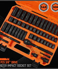 Heavy Duty 50 Piece Three Eighth Inch Drive Impact Socket Set With SAE And Metric Sizes Six Point Chrome Vanadium Sockets Pro Grade Ratchet Wrench Extension Bar And Universal Joint For Tough Auto And Garage Projects