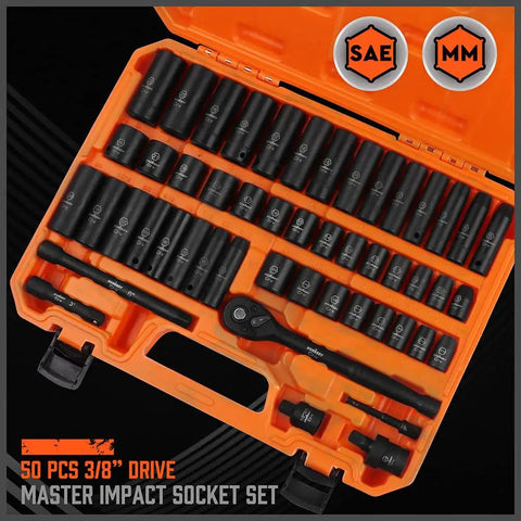 Heavy Duty 50 Piece Three Eighth Inch Drive Impact Socket Set With SAE And Metric Sizes Six Point Chrome Vanadium Sockets Pro Grade Ratchet Wrench Extension Bar And Universal Joint For Tough Auto And Garage Projects