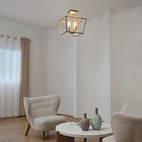 Sheldon Brass Four Light Industrial Farmhouse Semi Flush Ceiling Mount Light installed in modern living room setting