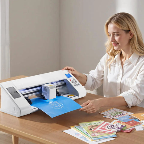 Woman using Pro Vinyl Cutter With Auto Edge Detection And Design Software For DIYers, Precise 0.1 mm Cuts, 17 Inch Feed