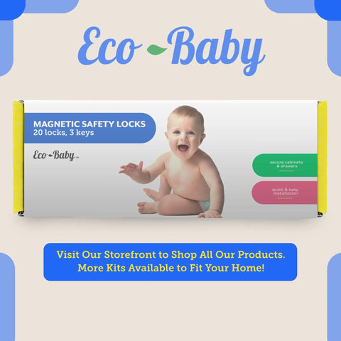 Packaging for Eco-Baby Magnetic Safety Locks 20 locks, 3 keys shown with baby, magnetic cabinet locks for babies 12 pack with 2 keys easy install no tools required child proof cabinets drawers and doors with ultra strong adhesive for safe babyproofing in kitchen and home.