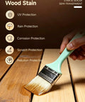 Golden Oak Wood Stain And Sealer In One 16 Oz brush applying stain with UV, rain, and scratch protection on wood.