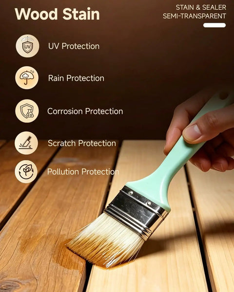 Golden Oak Wood Stain And Sealer In One 16 Oz brush applying stain with UV, rain, and scratch protection on wood.