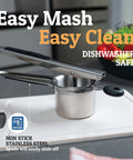 Large 15oz Potato Ricer And Stainless Steel Masher For Smooth Fluffy Mash Potatoes Quick Press No Fuss Mash Kitchen Gadget For Perfect Potatoes Every Time on a cutting board, labeled as dishwasher safe.
