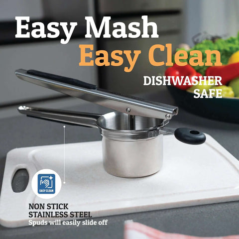 Large 15oz Potato Ricer And Stainless Steel Masher For Smooth Fluffy Mash Potatoes Quick Press No Fuss Mash Kitchen Gadget For Perfect Potatoes Every Time on a cutting board, labeled as dishwasher safe.