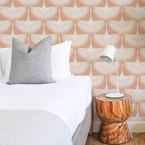 Bedroom with Genevieve Gorder Sahara Blush Feather Flock Peel and Stick Wallpaper Removable Self Adhesive No Glue Needed Pink Bird Pattern
